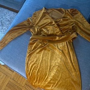 Puff Sleeve Wrap Hem Belted Velvet Dress